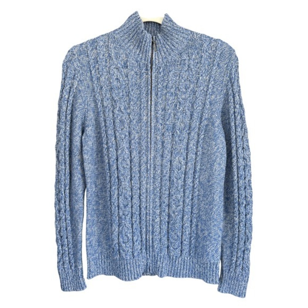 A6 L.L. Bean Blue Cable‎ Knit Cotton Full Zip Sweater Cardigan Small